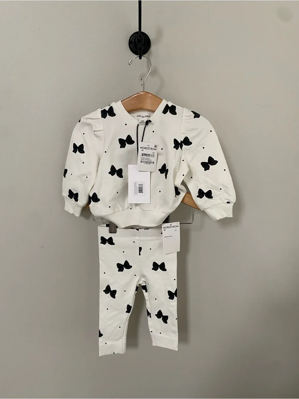 New Mille the Label Kids Cream Matching Set with Black Bow Print